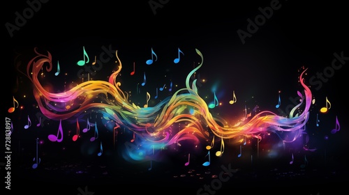 AI generated illustration of colorful music notes floating in a dark background