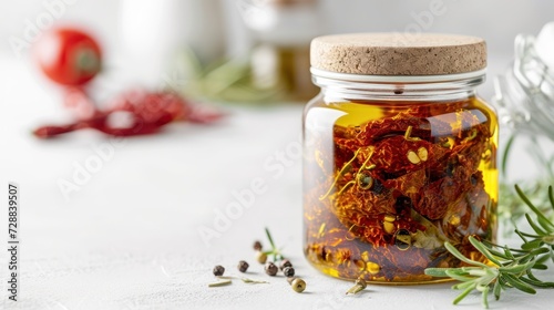  a close up of a jar of food on a table with a sprig of rosemary on the side of the jar and another jar of food in the background.