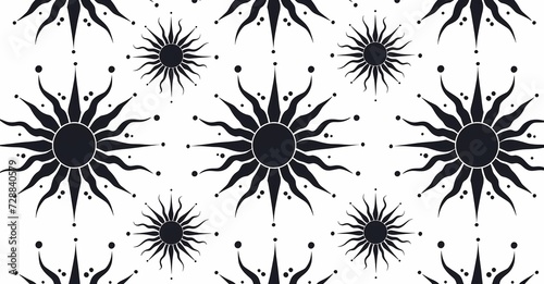 Abstract black sun and dots seamless pattern on a white background. 
