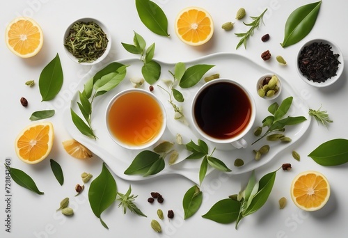 Creative layout made of cup of tea green tea black tea fruit and herbal tea on white background Flat