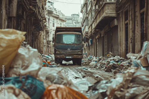 close-up shot of a garbage truck navigating through a narrow alley, with trash bags piled high