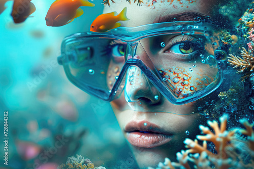 model diving in a ocean with a coral reef and a fish in the background and a mask and a snorkel on their face