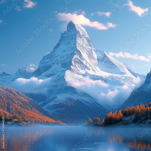 Panoramic view to the majestic Matterhorn mountain in winter, Valais, Switzerland.