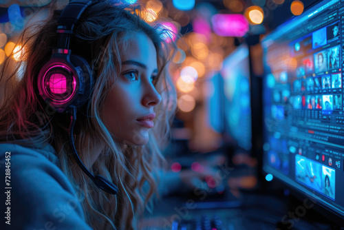Woman in headphones working on a computer with monitors in the glow of neon lights.
