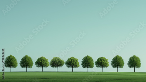 Serene image, row of perfectly aligned trees, minimal foliage, symmetry, visually pleasing, calming effect, natural setting