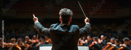 Conductor Leading Orchestra With Raised Arms