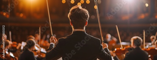 Conductor Leading Orchestra in Black Suit