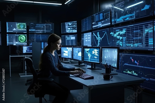 Midnight Vigil of the Cybersecurity Specialist in a High-Tech Control Room