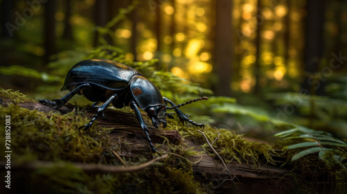  a close up of a beetle on a log in a forest with trees in the background and sunlight shining through the leaves of the trees and on the ground,.