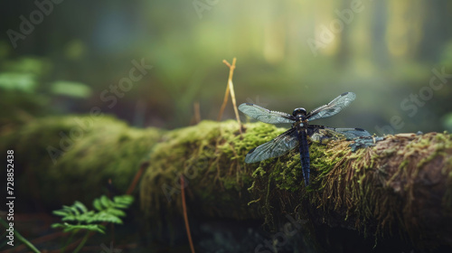  a dragonfly sitting on a mossy log in a forest with sunlight streaming through the trees and moss growing on the ground and in the foreground, it's.