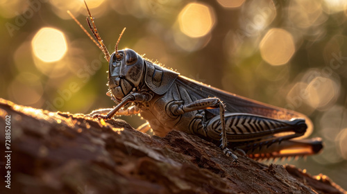  a close up of a grasshopper insect on a tree branch with boke of light shining on the background of a blurry boke of boke of leaves.