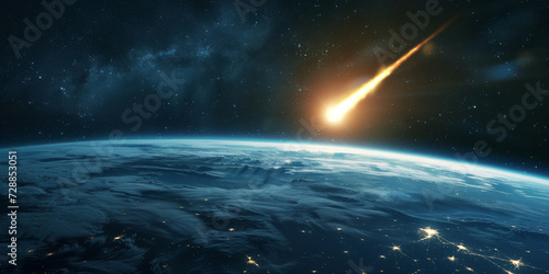 Asteroid entering planet Earth atmosphere before impact, meteor warning from space, comet danger on globe, threat of global disaster