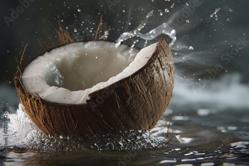 A halved coconut mid-splash, capturing the dynamic dance of water droplets against a dark, moody backdrop.