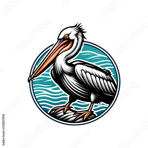 Elegant Pelican Bird Logo Illustration with Detailed Feathers, Orange Beak, Standing on Waves Encircled in Blue