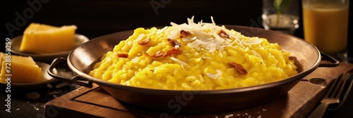 golden elegance on a plate: milanese risotto surrounded by its authentic ingredients in a dance of flavors. Ai Generated
