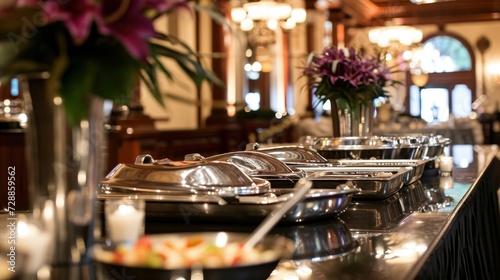  a row of silver plates sitting on top of a counter next to a vase filled with flowers and a candle on top of a counter top of a wooden table.