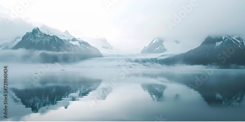 Lake panorama in a foggy morning with glaciers