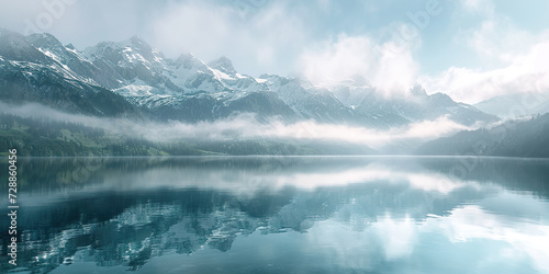Lake panorama in a foggy morning with glaciers