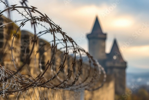 Barbed wire and fence against castle and sky backdrop