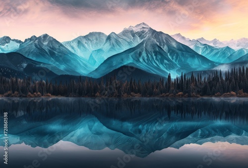 A serene and majestic landscape of a glacial lake surrounded by towering mountains, adorned with vibrant trees, as the sky reflects the colors of a breathtaking sunrise