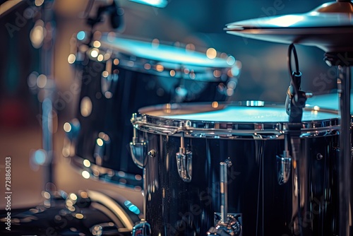 Close up of a black drum kit in a studio Musician s set with various drums Instruments for drumming performance Dark rock metal style Focused on cymbals