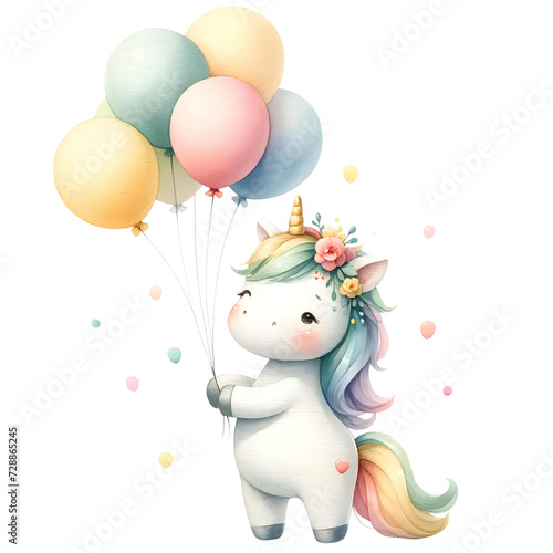 Cute Birthday unicorn holding a colorful balloon bouquet. Unicorn birthday clipart watercolor. Generative AI.