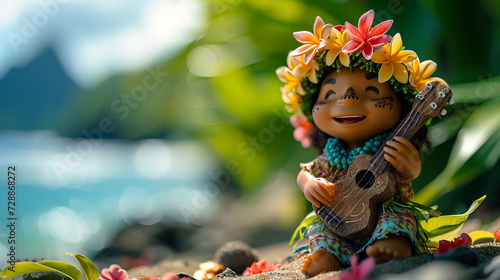 mini doll of man in traditional Hawaiian costume playing guitar on the Hawaii beach in summer with copy space for lei day background - AI Generated Abstract Art