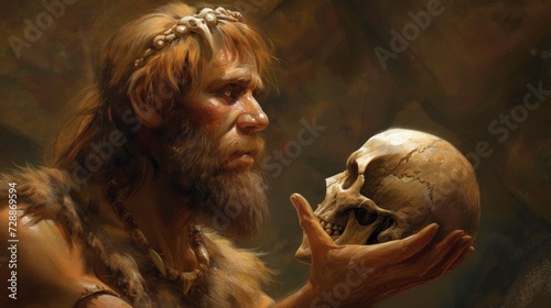 caveman holding a human skull