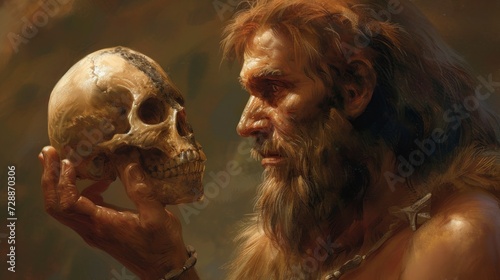 caveman holding a real human skull in an underground cave with a surprised face with good lighting in high resolution and high quality