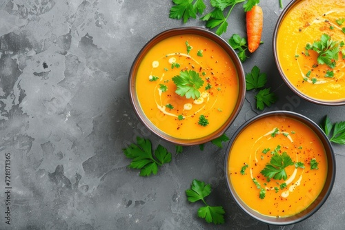 Top view of carrot and pumpkin soup with parsley on gray stone background Copy space is available