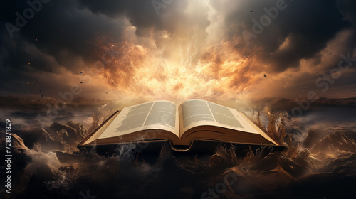 Bible on an epic background with storm and lightings