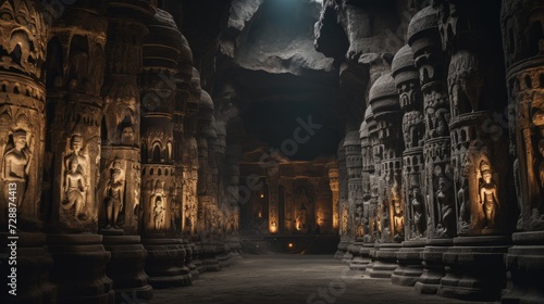 Dark Cave Filled With Statues and Lights