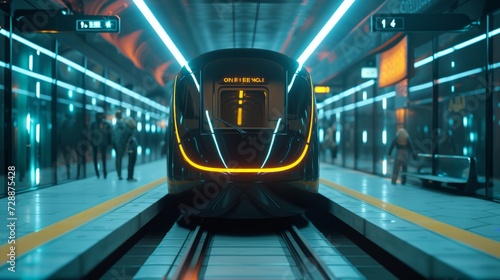 Arriving at the station is a futuristic tram