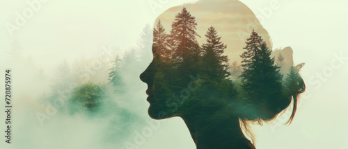 Double exposure of a girl profile portrait with misty landscape and fir forest in retro style. Copy space.