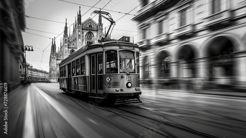 In the city center of Milan, Italy, a historic tram or streetcar, a single old-timer car for public transport, passes by the cathedral and opera in midtown