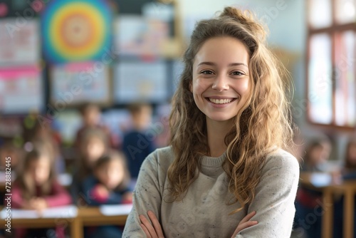 A confident woman stands tall, her arms crossed as she smiles radiantly in a classroom, exuding the energy of a bright and empowered adolescent