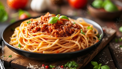 Indulge in a colorful bowl of al dente spaghetti, drizzled with rich tomato sauce and fragrant basil, showcasing the diverse world of pasta cuisine