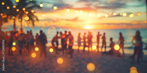 Party beach. Blurred people having night beach party in summer vacation