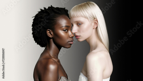 Black African model facing albino woman, on gradient contrast background with copy space