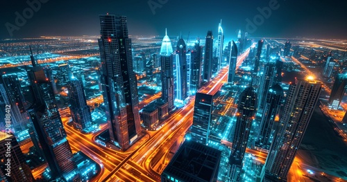 glowing night city with high-rise buildings 