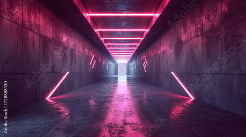 Concrete neon tunnel background, abstract empty garage with lines of led pink light, perspective of modern dark grungy hallway. Concept of grunge, room, warehouse, interior, hall