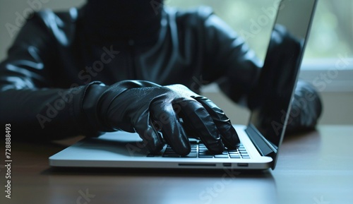 hacker working on computer, cybercriminal in black clothes put his hand in a leather glove on the computer keyboard 