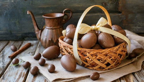 Ovos de páscoa de chocolate grandes e pequenos inteiros. Fitas para decorar e guardanapo