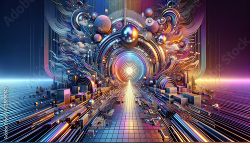 Futuristic metaverse portal with vibrant metallic and iridescent elements