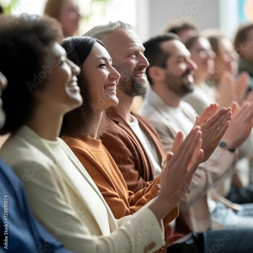 Side view of a smiling audience clapping hands at a business conference or seminar, expressing joy and satisfaction.