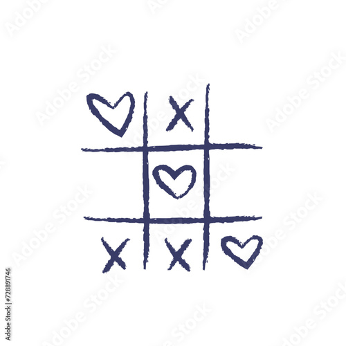 Vector Illustration of Tic-Tac-Toe game with hearts. Charcoal crayon hand drawn design. Isolated element on a white background