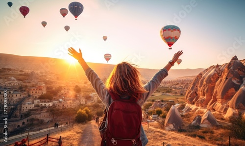 Happy Tourist Woman Experiencing the magical sunrise in Cappadocia with colorful hot air balloons in the sky, Turkey. 