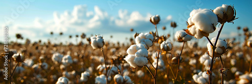 Closeup of blue sky and cotton field