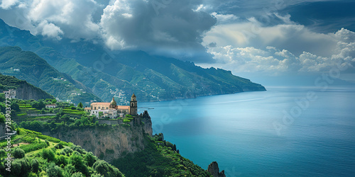 Amalfi coast coastline in Sorrentine Peninsula, Campania region, Italy. Holiday destination shoreline with hills, beaches, and cliffs, sea view, blue sky day wallpaper background