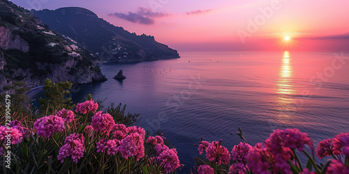 Amalfi coast coastline in Sorrentine Peninsula, Campania region, Italy. Holiday destination shoreline with hills, beaches, and cliffs, sea view, sunset golden hour wallpaper